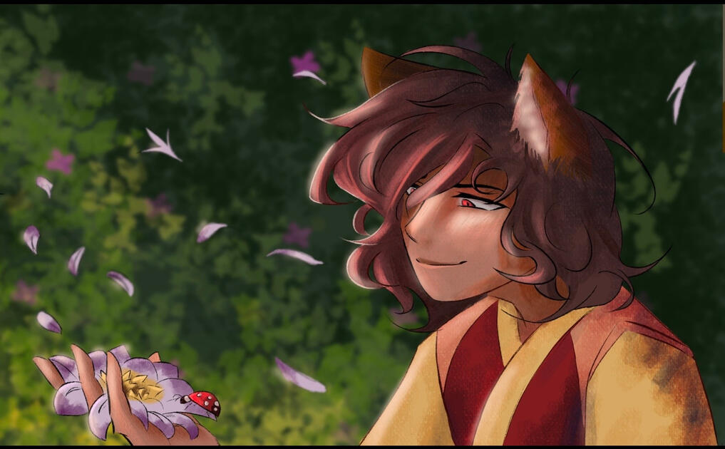 My oc Fynn holding a flower while looking pretty :)
